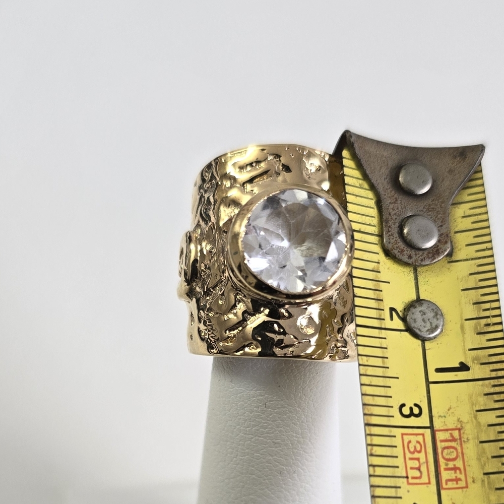 Sterling Silver 925 Gold Textured Ring with Clear Stone - Picture 6 of 8